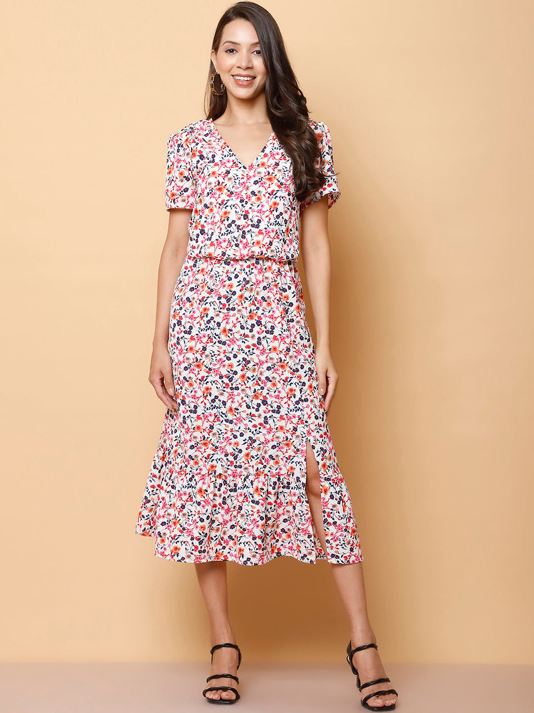 Floral Printed V-Neck Georgette Midi Dress