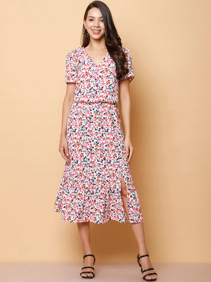 Floral Printed V-Neck Georgette Midi Dress