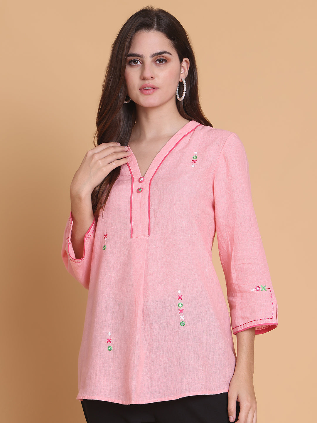 Womens Pastel Pink Cotton-Linen Tunic