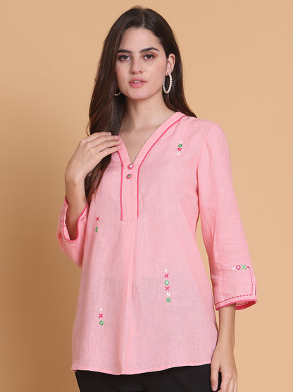 Womens Pastel Pink Cotton-Linen Tunic