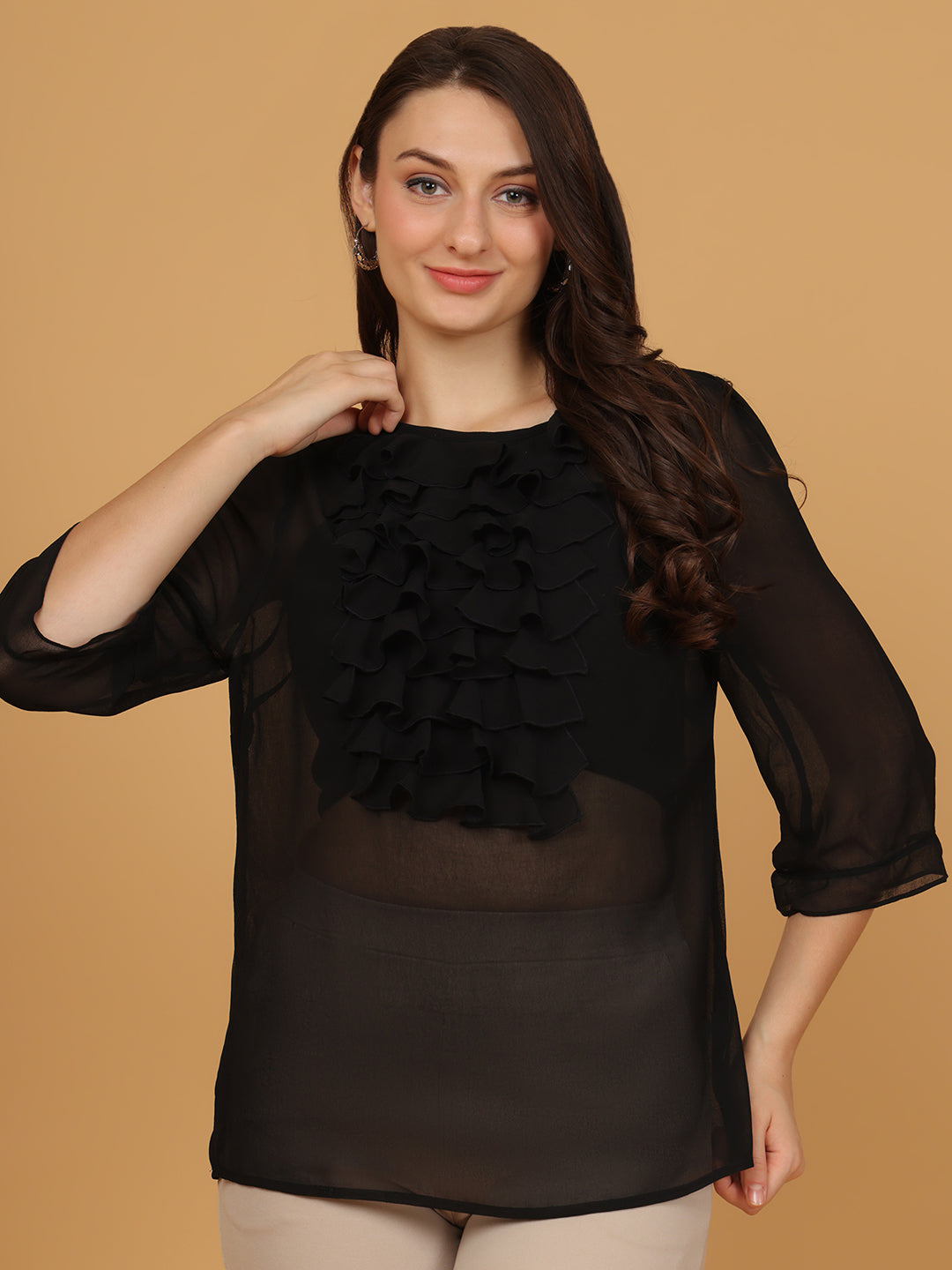 Women Black Sheer Chiffon Top