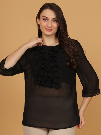 Women Black Sheer Chiffon Top