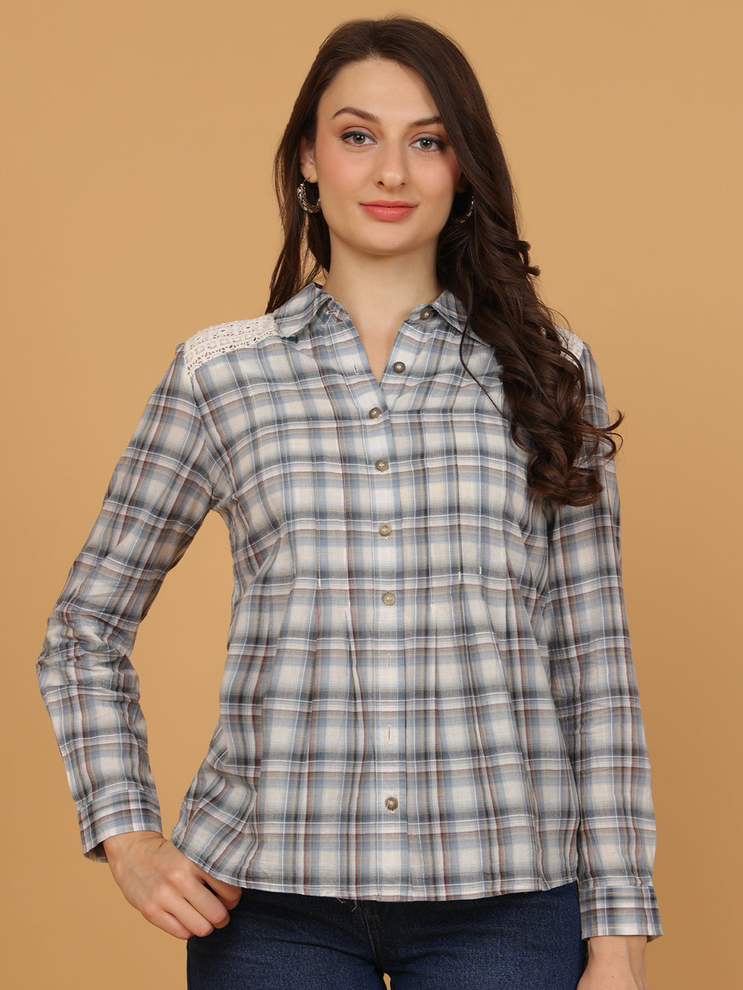 Tartan Checked Lace Cotton Casual Shirt