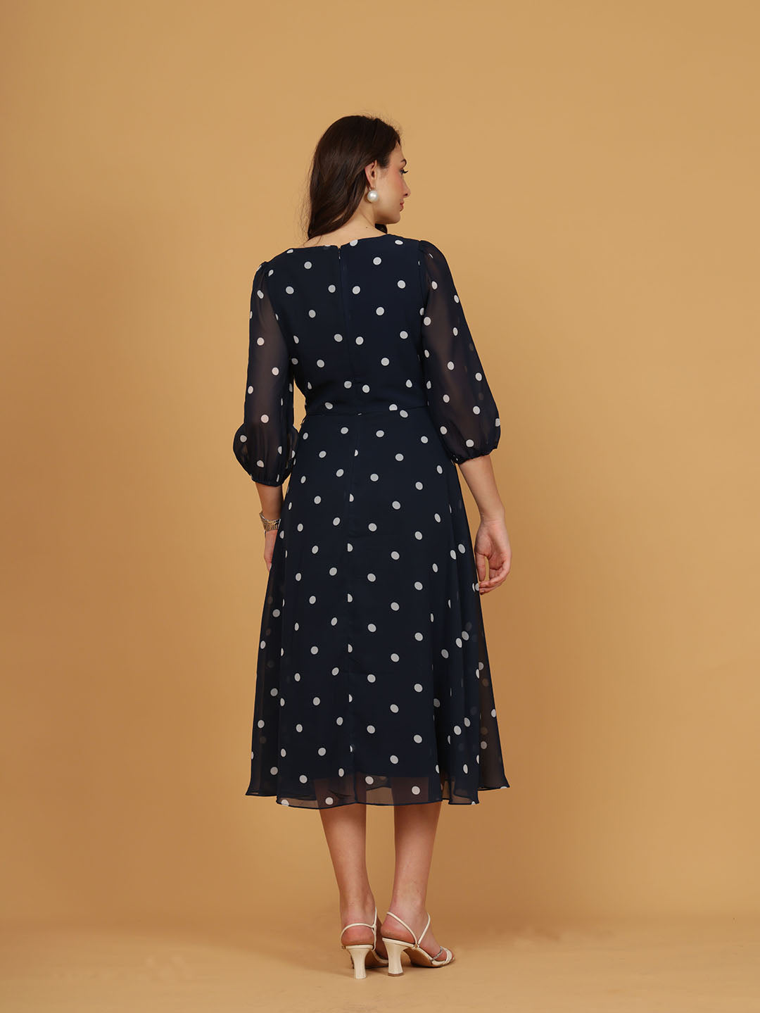 Navy Blue Polka Dot Chiffon Midi Dress with Puff Sleeves