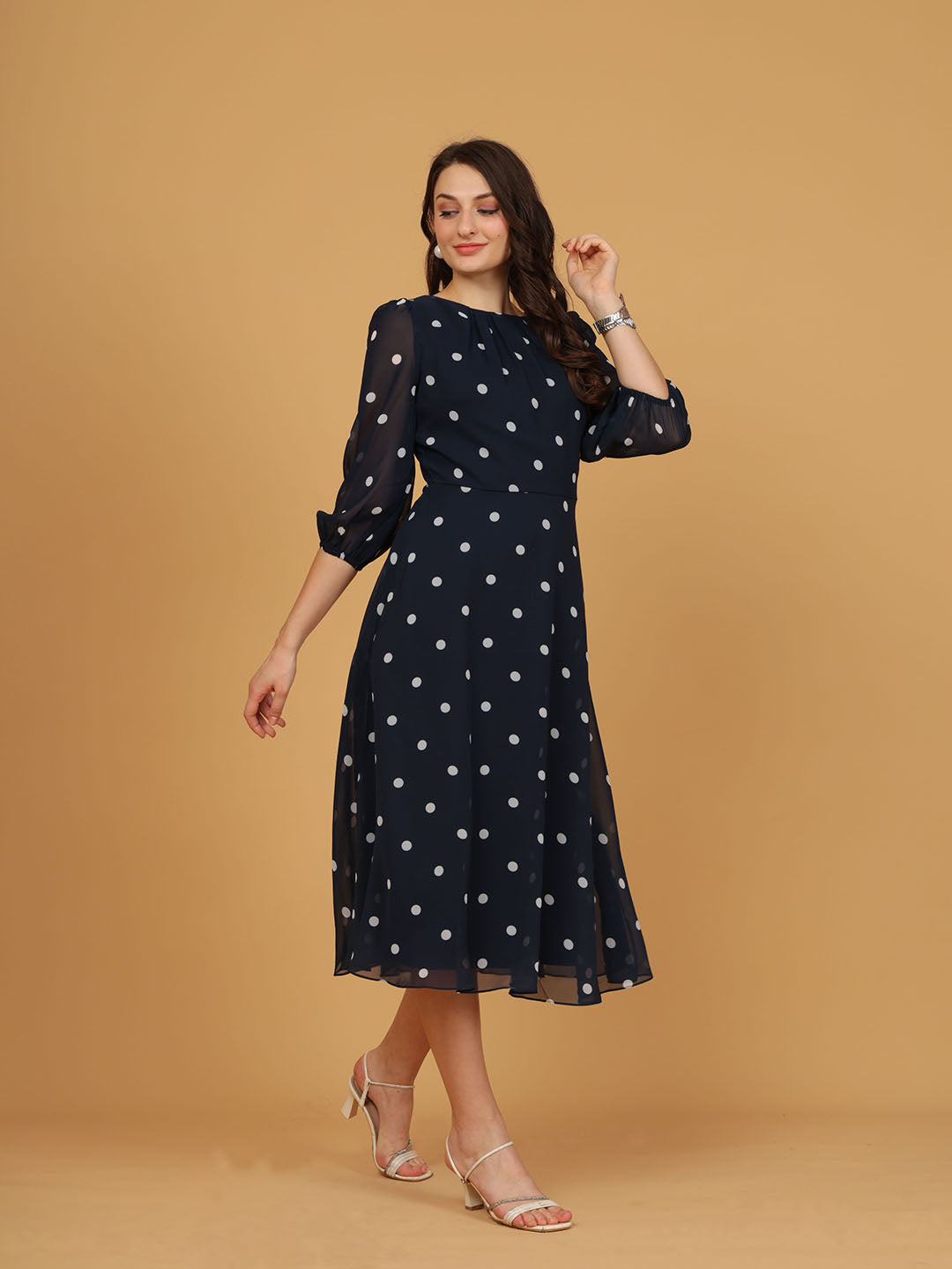 Navy Blue Polka Dot Chiffon Midi Dress with Puff Sleeves