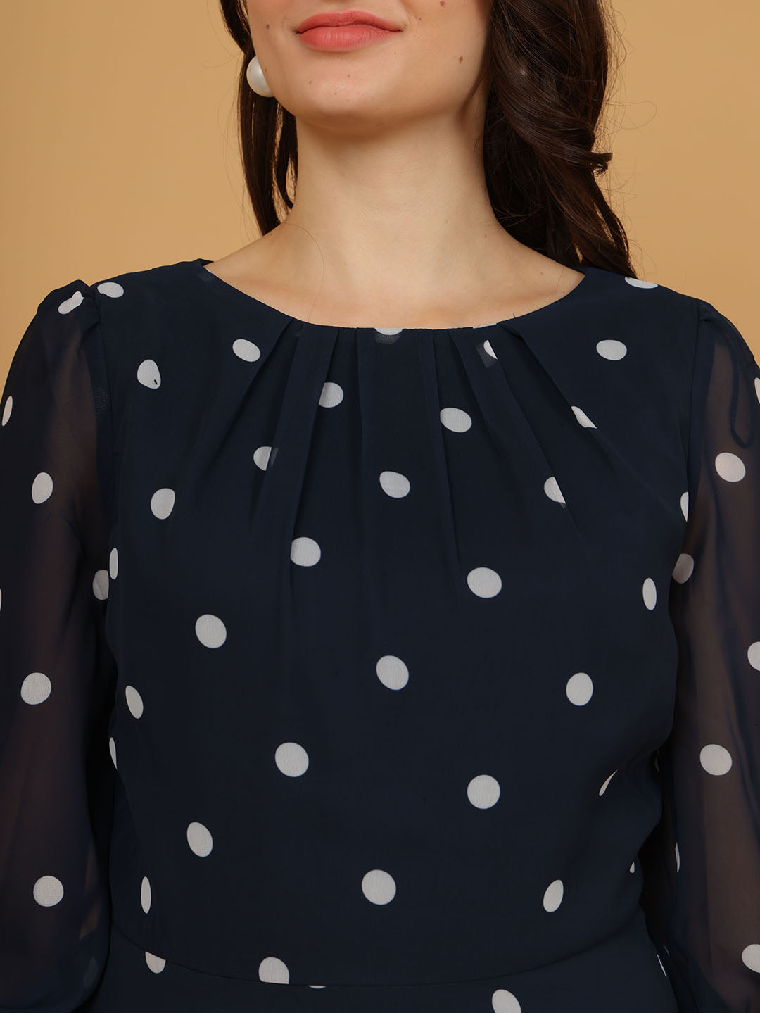 Navy Blue Polka Dot Chiffon Midi Dress with Puff Sleeves