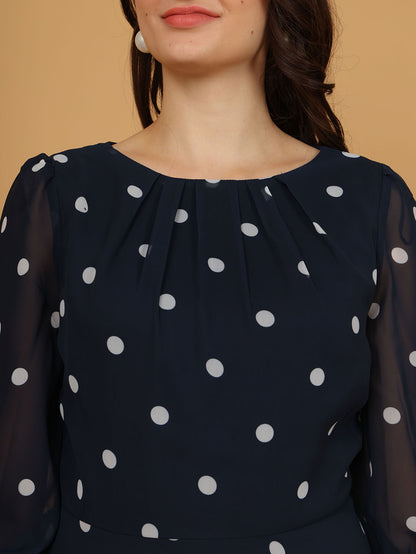 Navy Blue Polka Dot Chiffon Midi Dress with Puff Sleeves