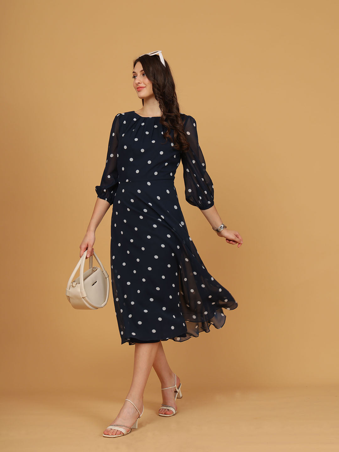Navy Blue Polka Dot Chiffon Midi Dress with Puff Sleeves