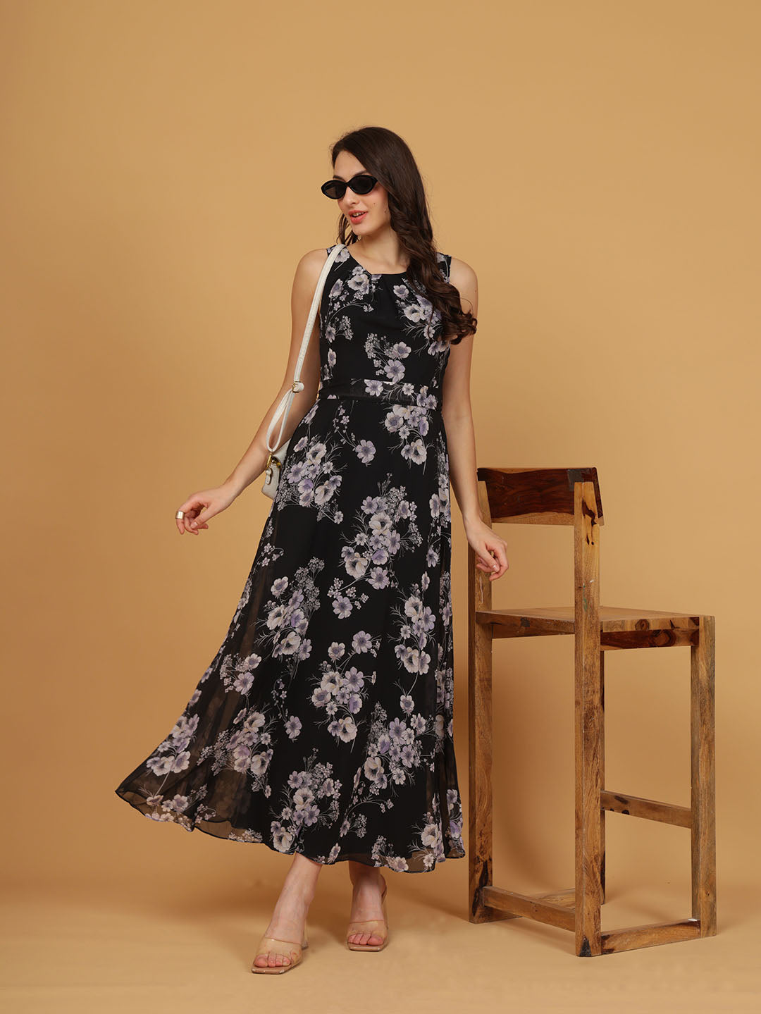 Black Floral Sleeveless Maxi Dress