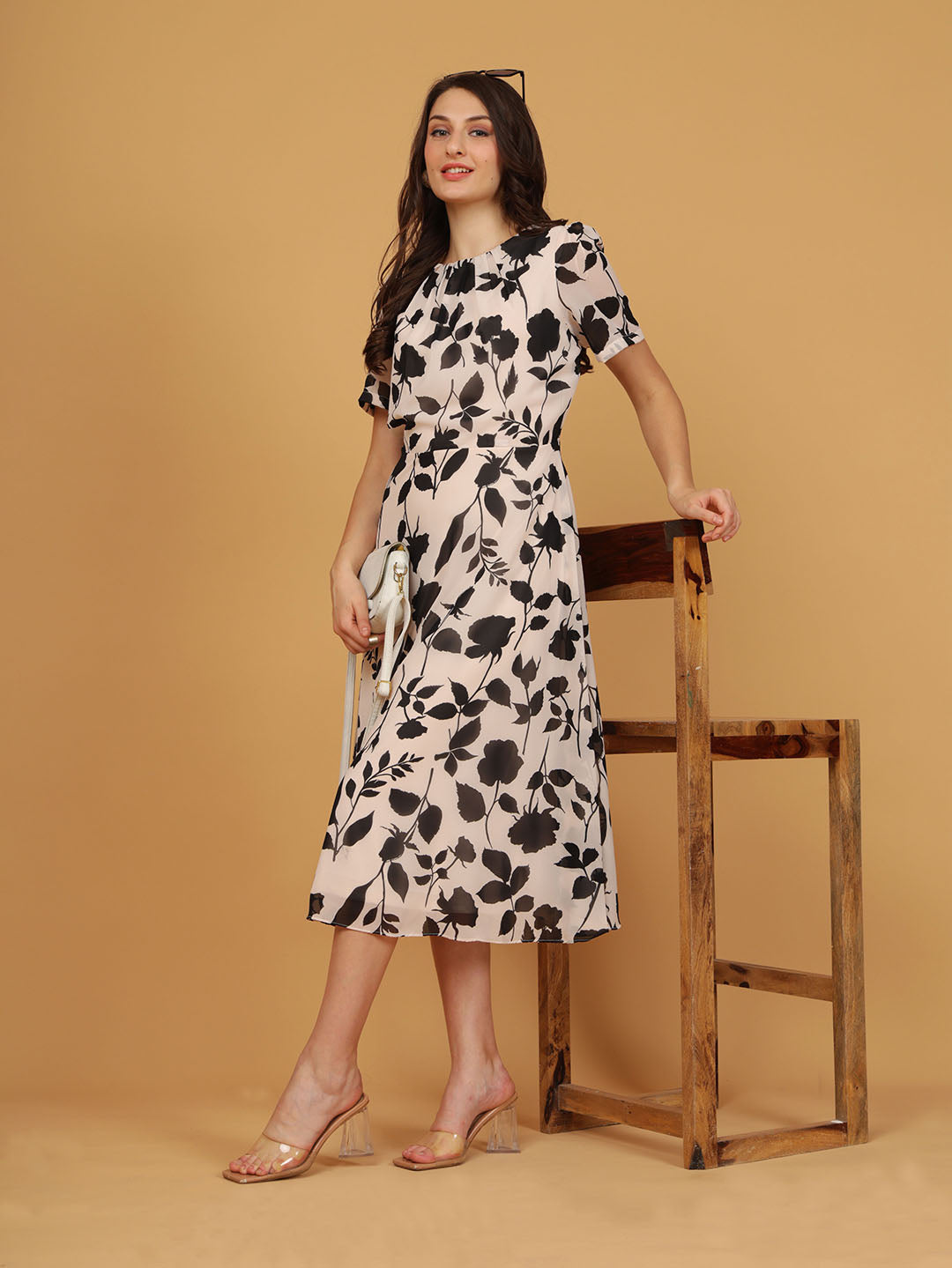 Cream Floral Print Midi Dress