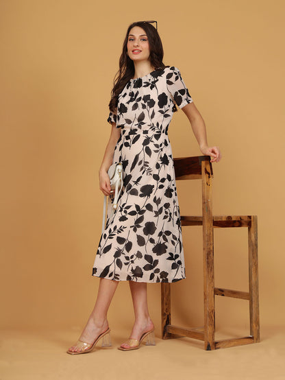 Cream Floral Print Midi Dress
