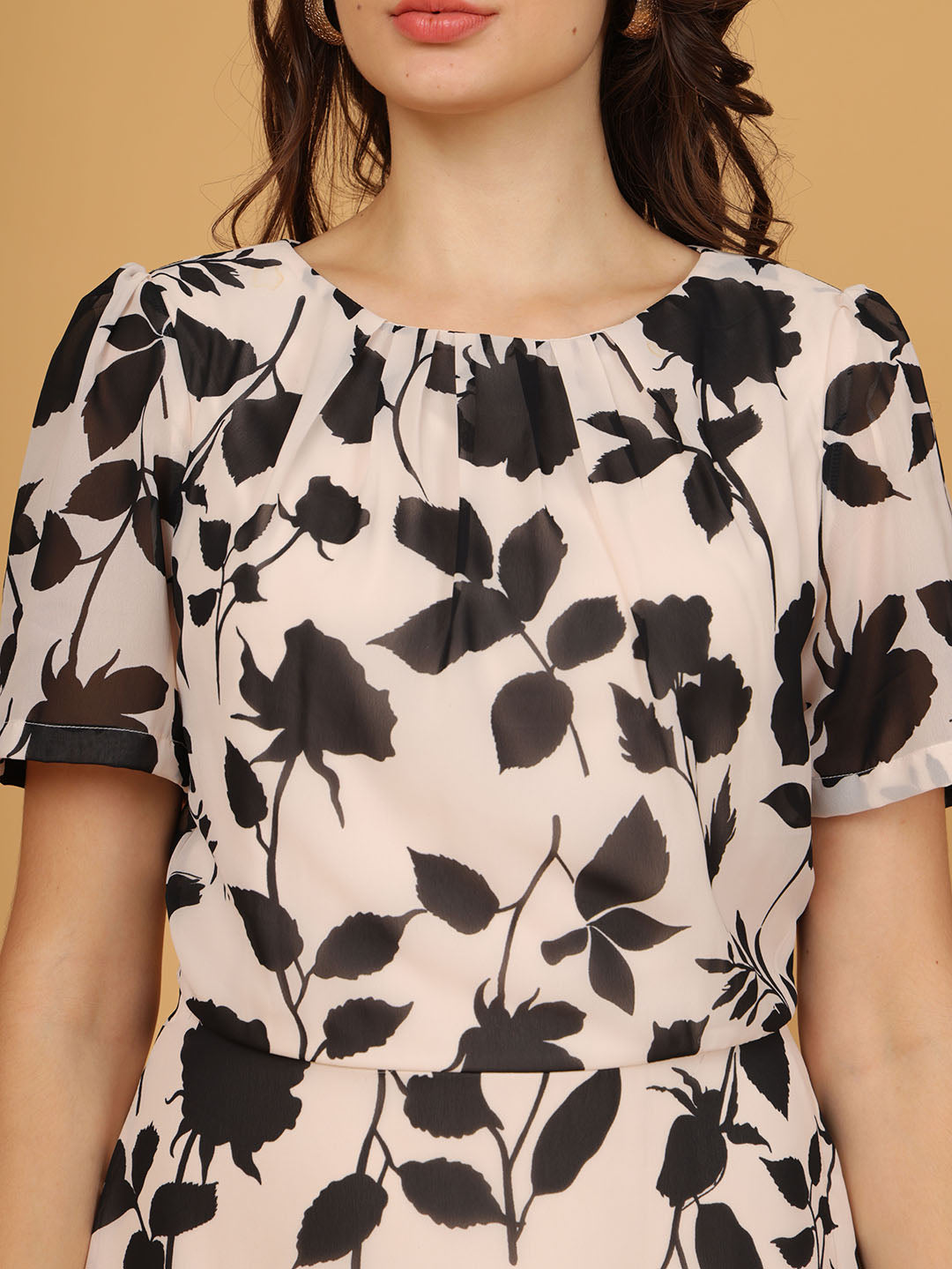 Cream Floral Print Midi Dress