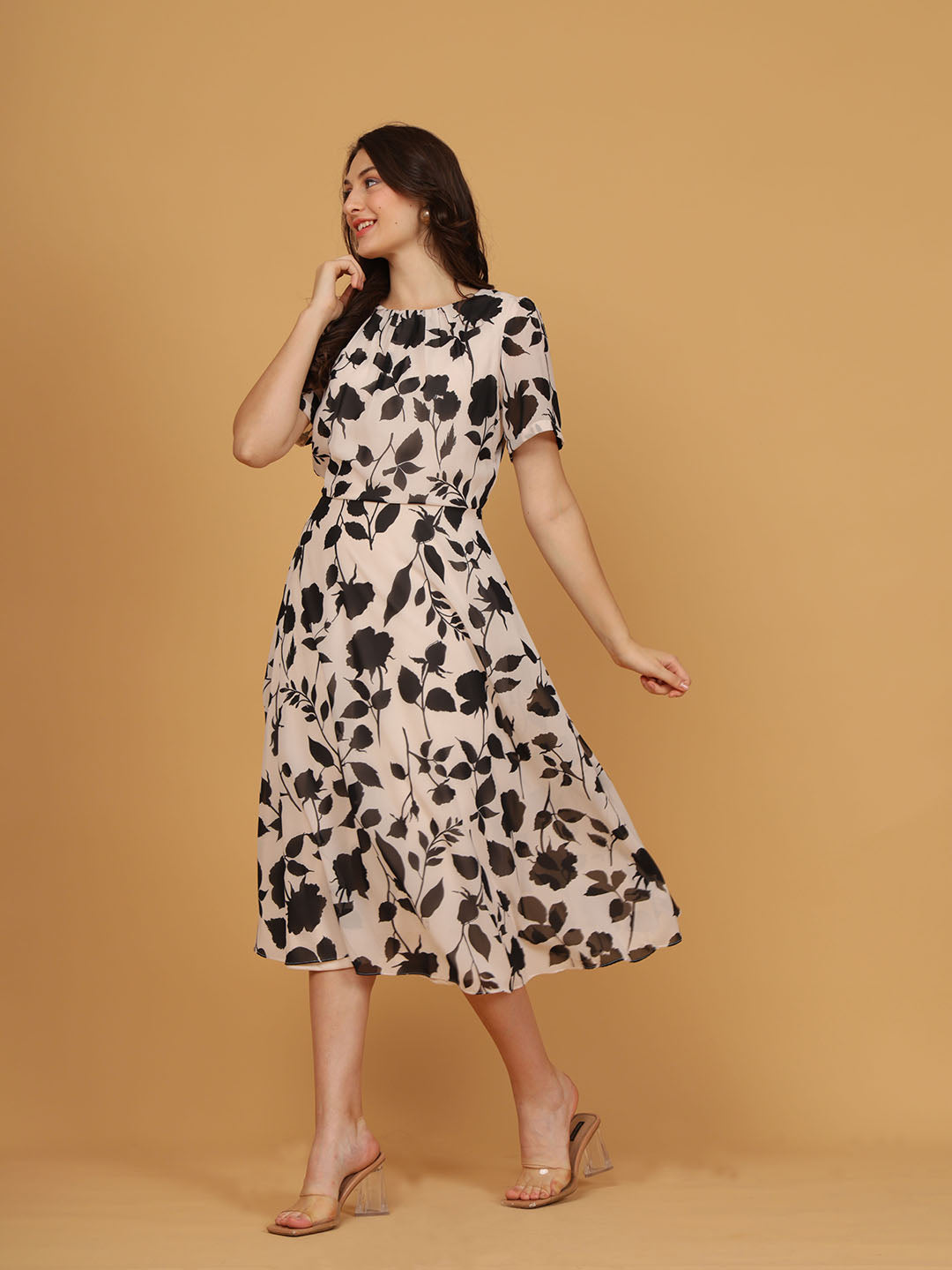 Cream Floral Print Midi Dress