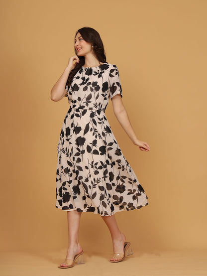 Cream Floral Print Midi Dress