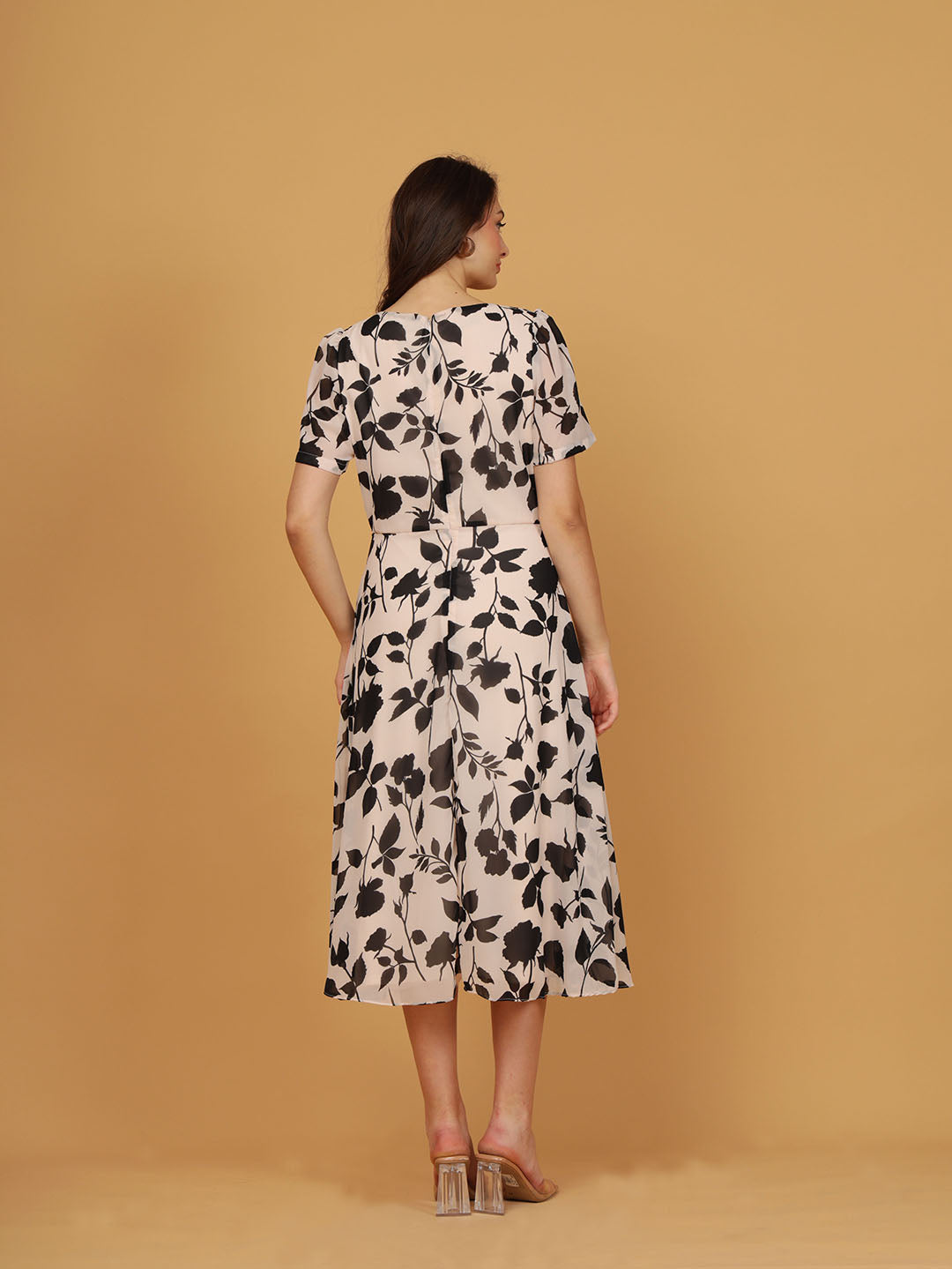 Cream Floral Print Midi Dress