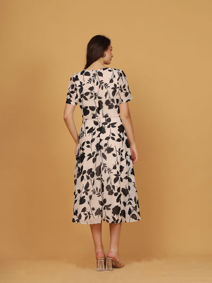Cream Floral Print Midi Dress