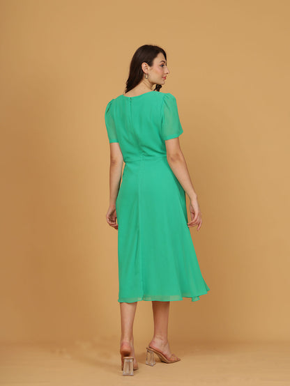 Green Chiffon Pleat Neck Midi Dress