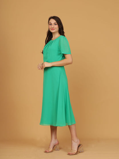 Green Chiffon Pleat Neck Midi Dress