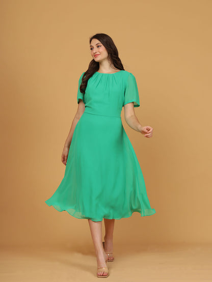 Green Chiffon Pleat Neck Midi Dress
