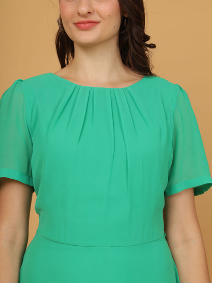 Green Chiffon Pleat Neck Midi Dress