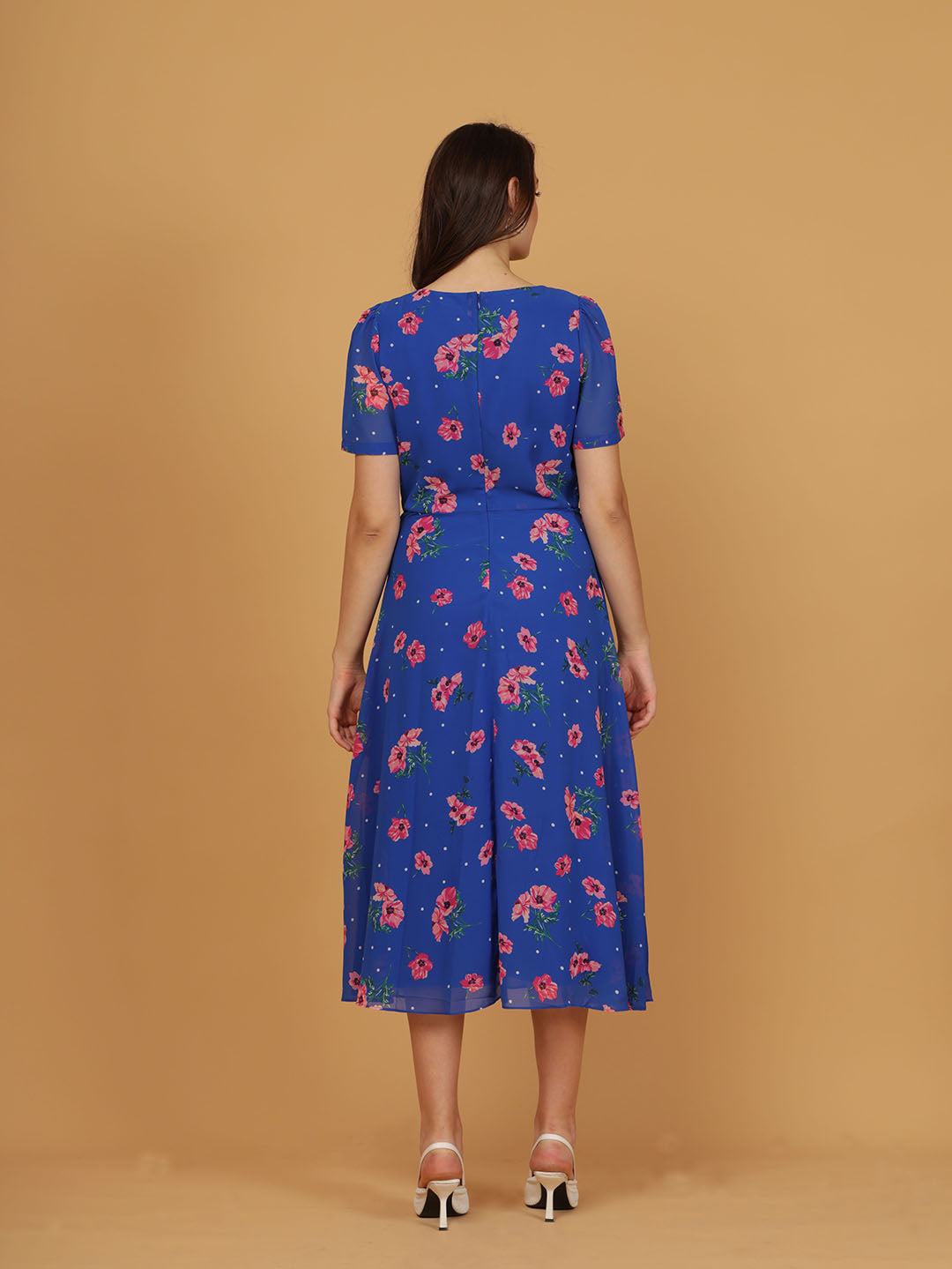Roman Blue Floral Pleated Chiffon Dress