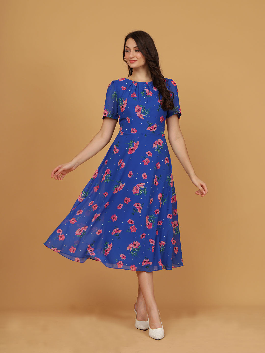 Roman Blue Floral Pleated Chiffon Dress