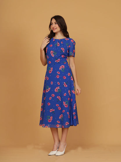 Roman Blue Floral Pleated Chiffon Dress
