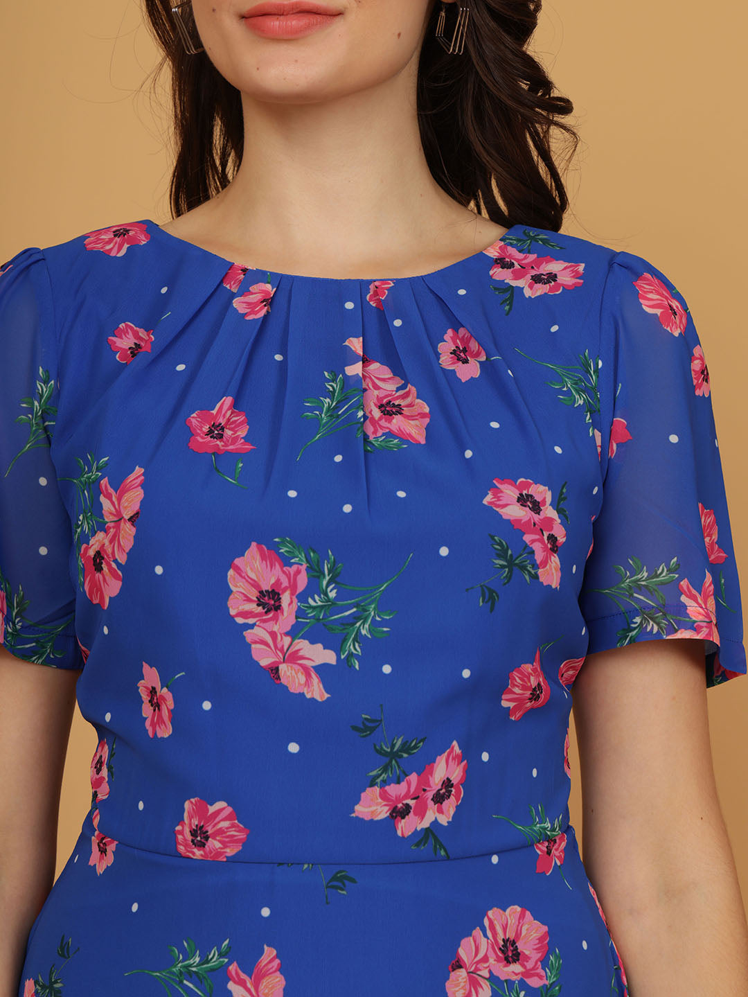 Roman Blue Floral Pleated Chiffon Dress