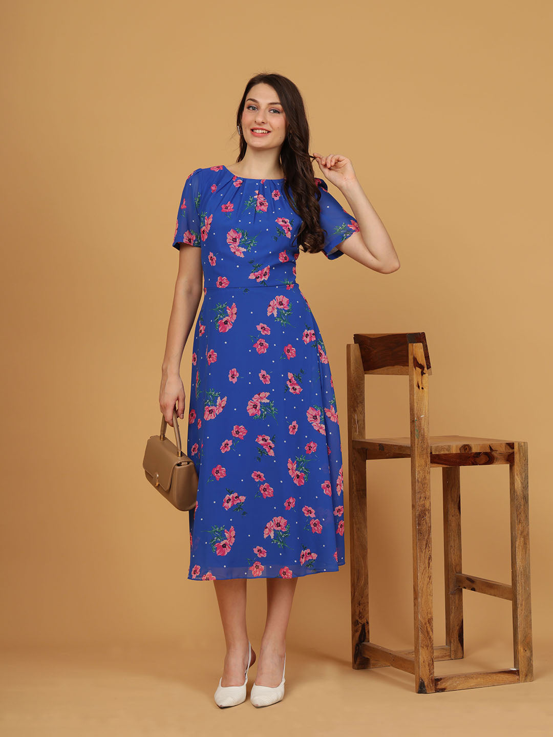 Roman Blue Floral Pleated Chiffon Dress