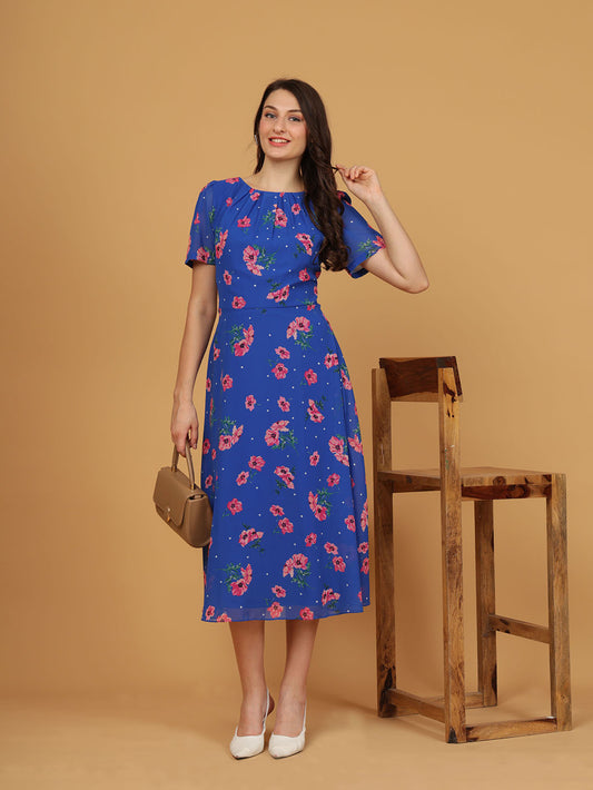 Roman Blue Floral Pleated Chiffon Dress