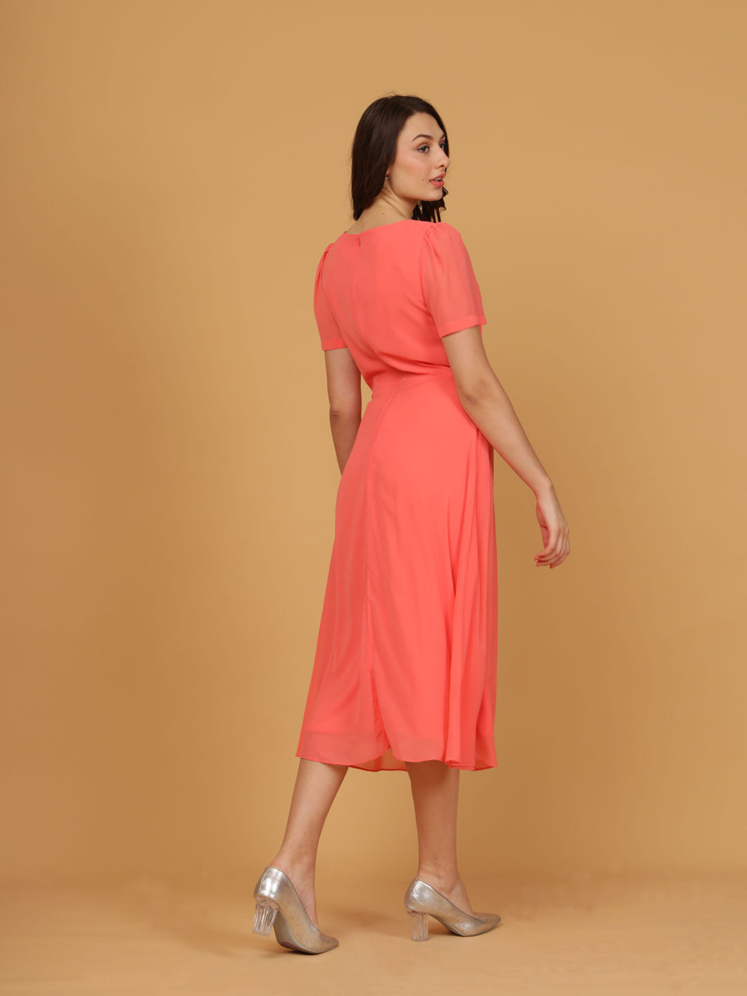 Chiffon Pleat Neck Midi Dress