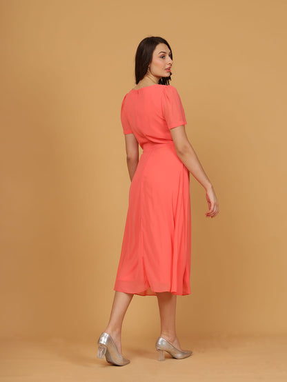 Chiffon Pleat Neck Midi Dress