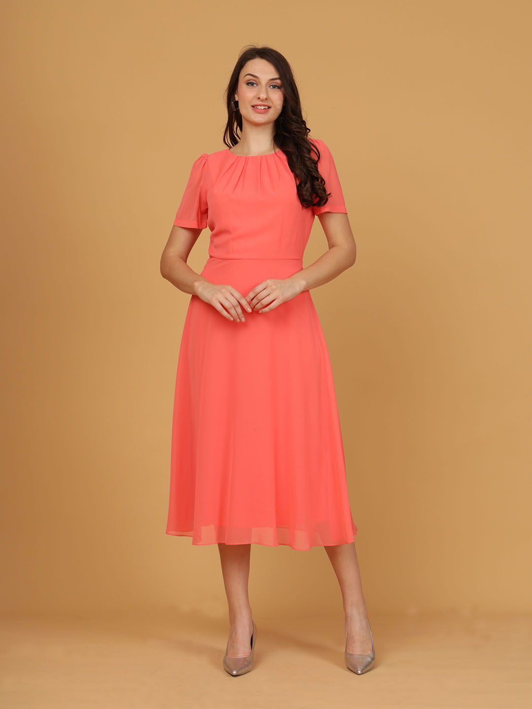 Chiffon Pleat Neck Midi Dress