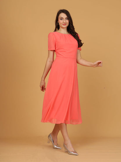 Chiffon Pleat Neck Midi Dress