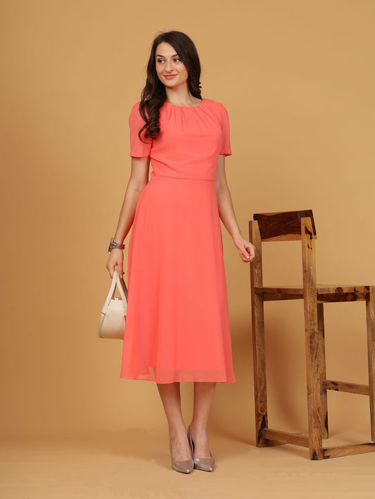 Chiffon Pleat Neck Midi Dress