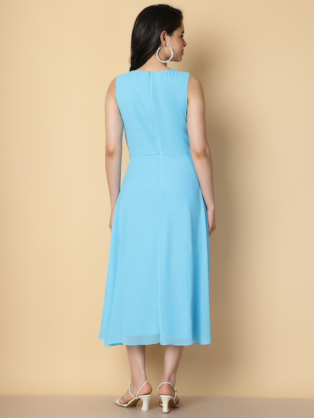 Sky Blue Pleated Sleeveless A-Line Midi Dress