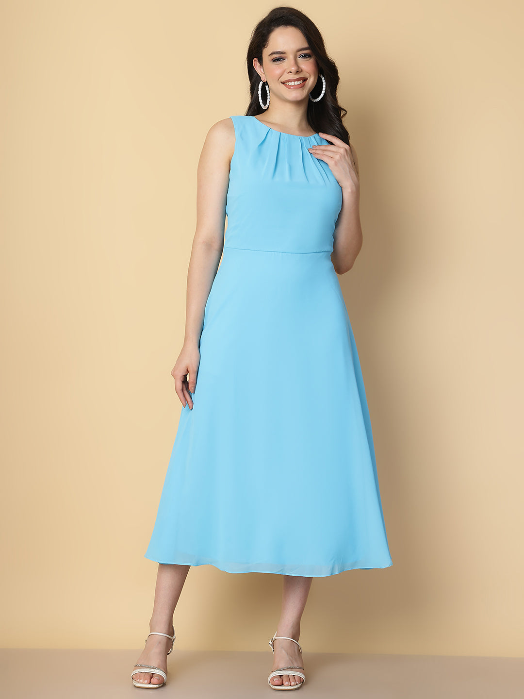 Sky Blue Pleated Sleeveless A-Line Midi Dress