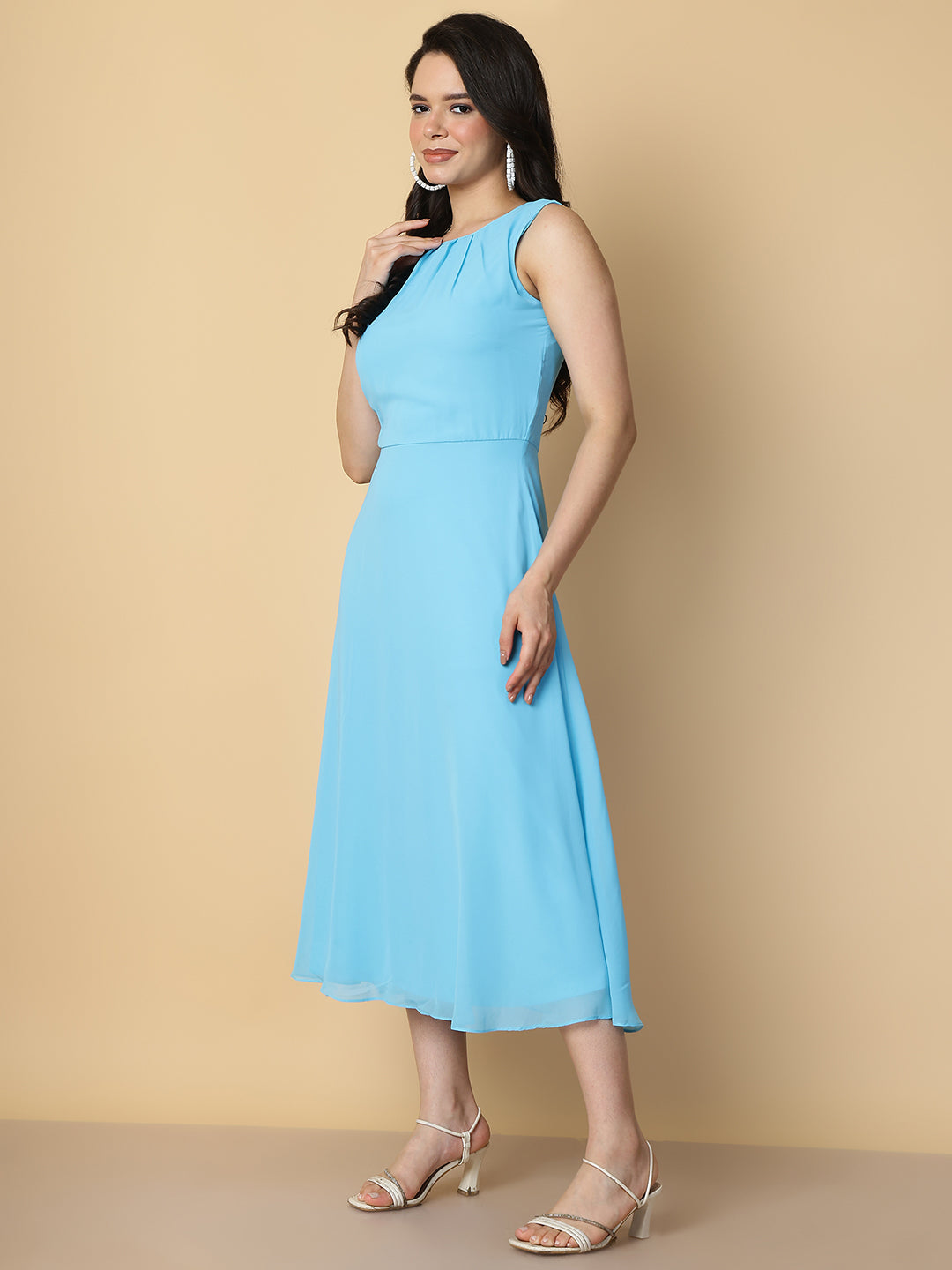 Sky Blue Pleated Sleeveless A-Line Midi Dress