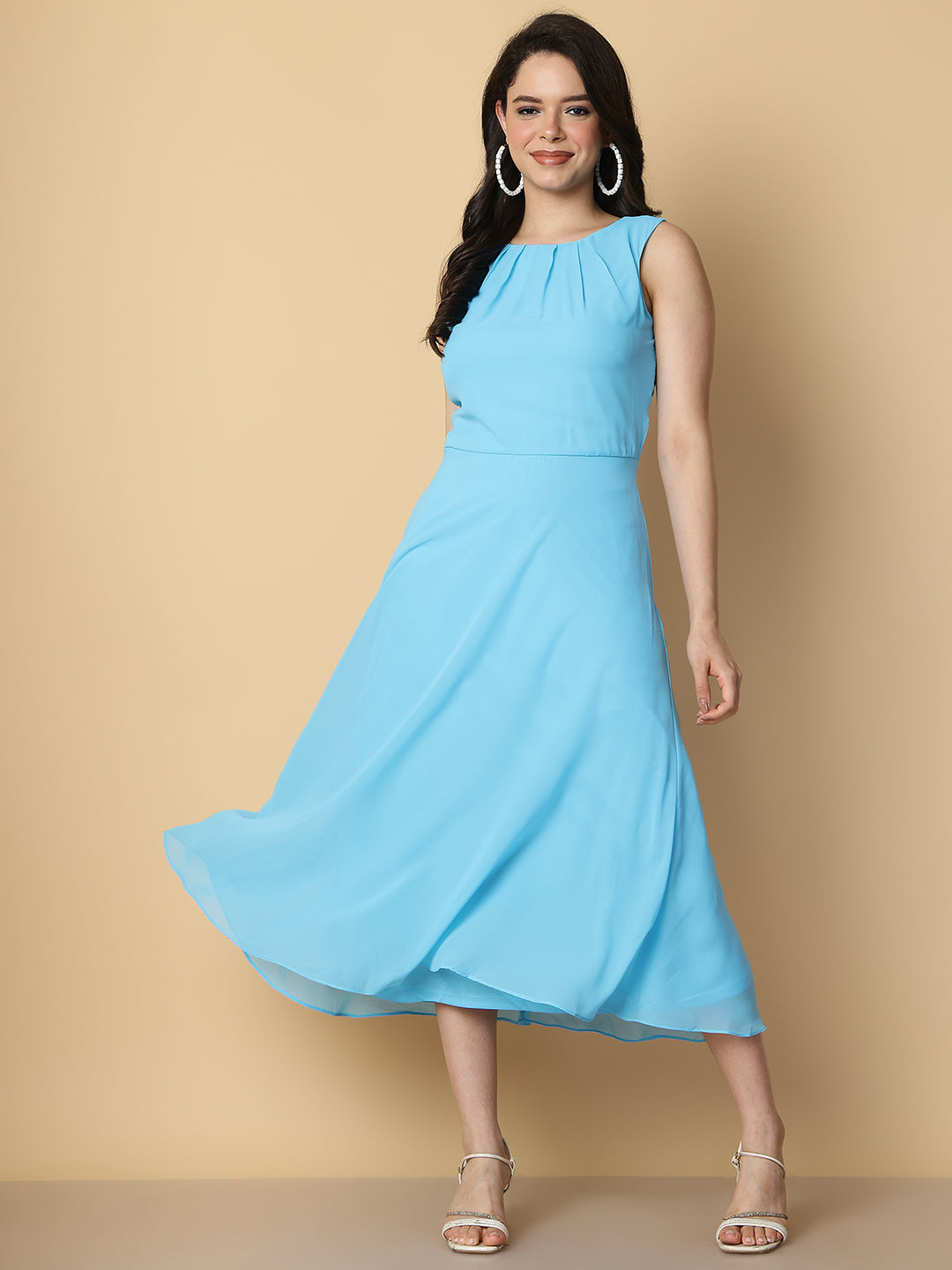 Sky Blue Pleated Sleeveless A-Line Midi Dress