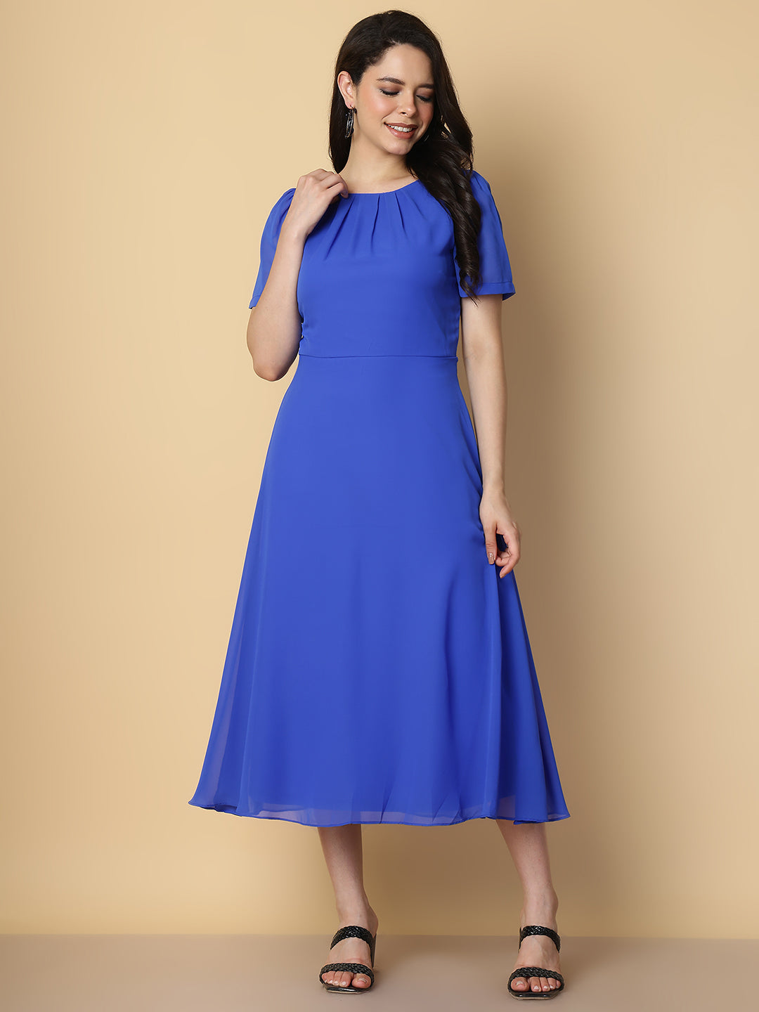 Royal Blue Pleated Neck Midi Dress