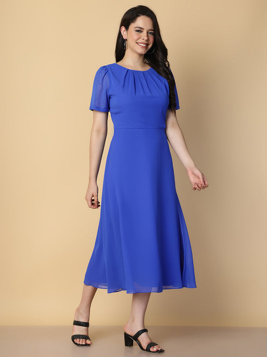 Royal Blue Pleated Neck Midi Dress