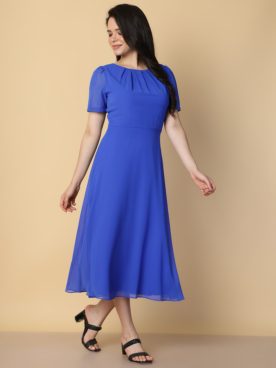 Royal Blue Pleated Neck Midi Dress