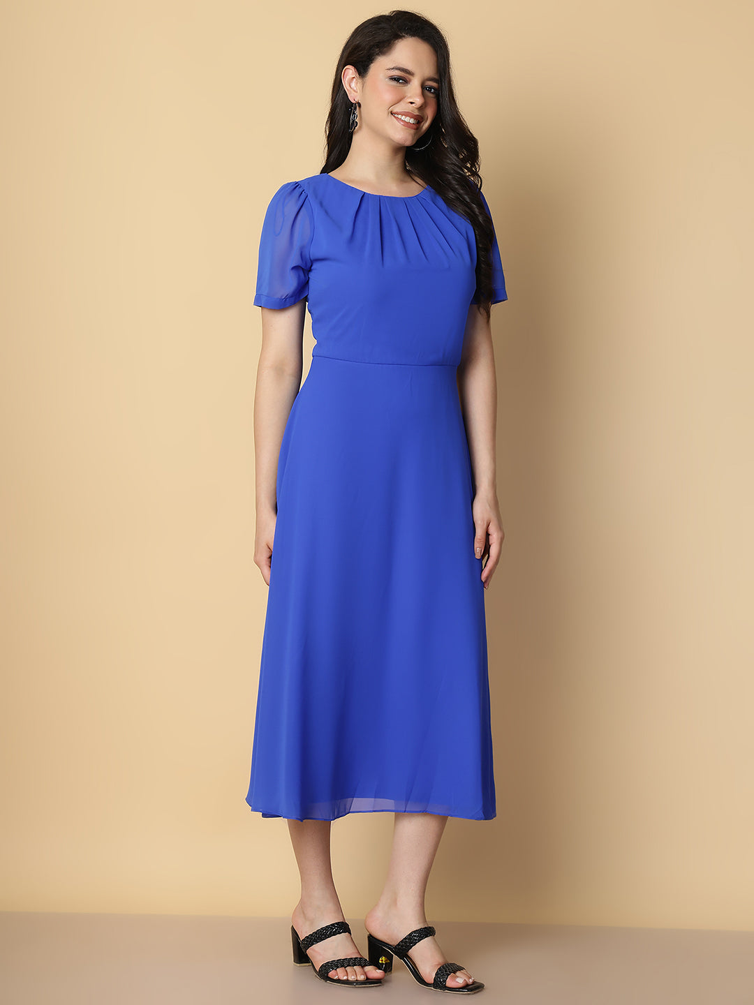 Royal Blue Pleated Neck Midi Dress