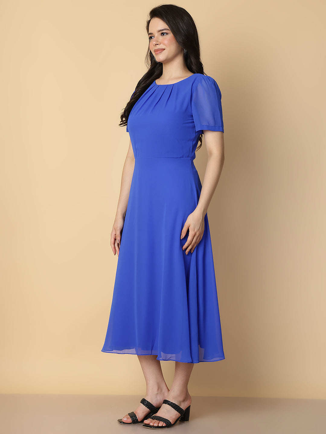 Royal Blue Pleated Neck Midi Dress