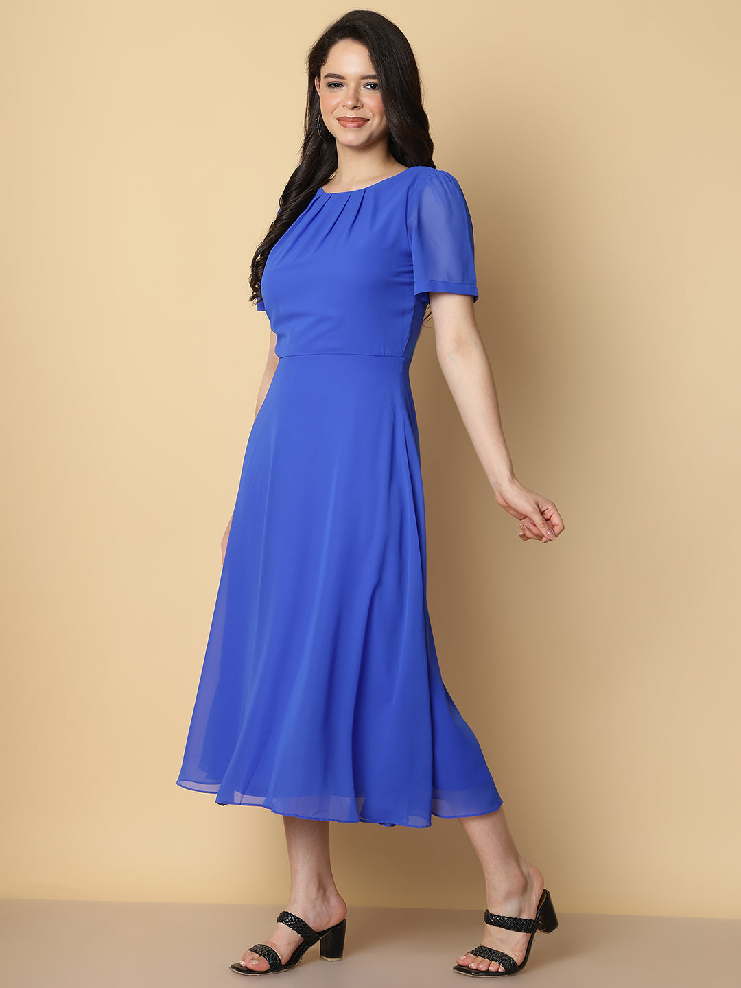 Royal Blue Pleated Neck Midi Dress