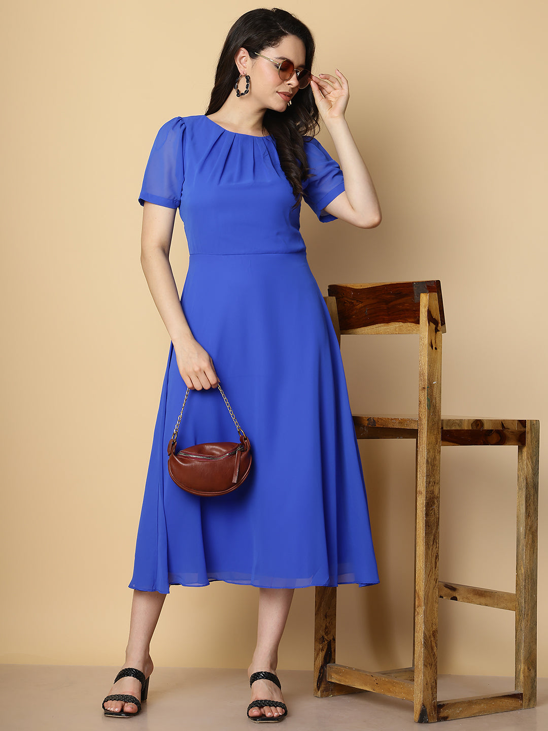 Royal Blue Pleated Neck Midi Dress