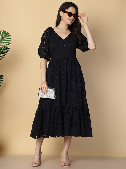 Black Cotton Schiffli Midi Dress
