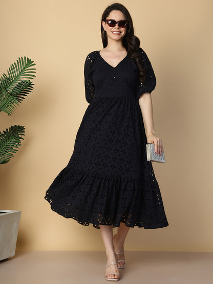 Black Cotton Schiffli Midi Dress