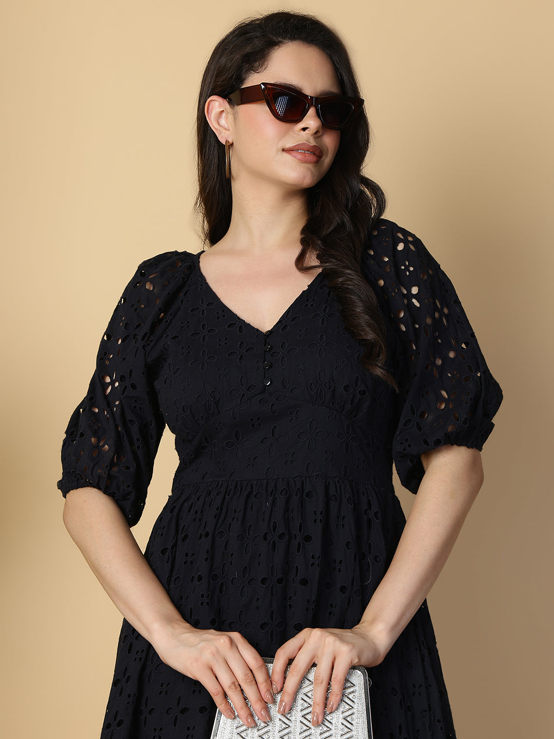 Black Cotton Schiffli Midi Dress