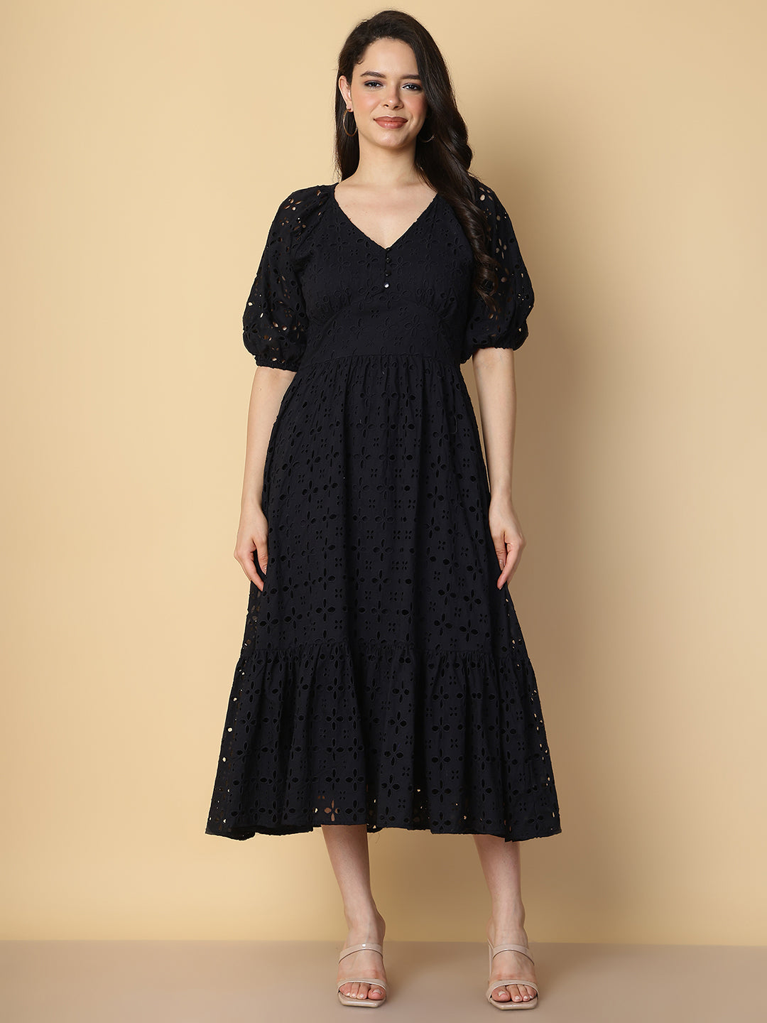 Black Cotton Schiffli Midi Dress